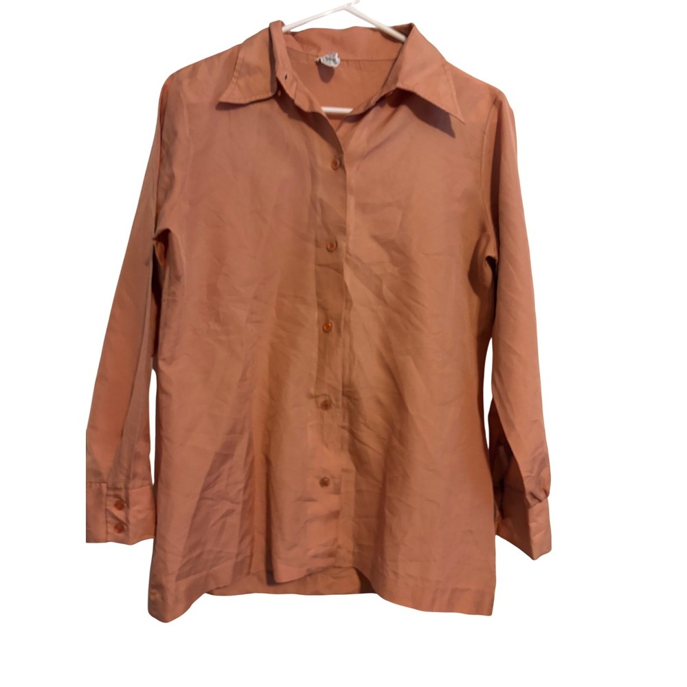 Alfred Dunner Blouse Vintage Retro Salmon Tan Button Front Long Sleeve Size 12